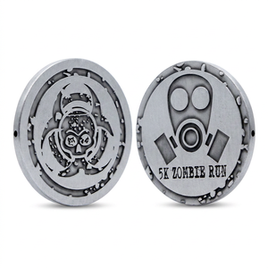 Moneda de desafío personalizada para carrera de zombies 5K, de aleación de zinc, plata envejecida, con diseño de señal de peligro, respirador y esqueleto, medalla de recuerdo, sin MOQ, de fábrica - Product Image 1