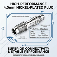 Prise banane nickelée de 4,0 mm, noyau en laiton, modèle 21.181, haute conductivité pour équipement de test audio et câble de haut-parleur