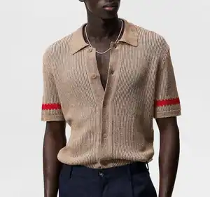 Özel jakarlı erkek Casual triko Polo yaka düğmesi kısa kollu yün hırka erkek örme T-shirt üst
