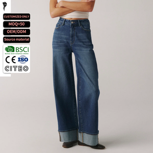 OEM Womens High Waist Wide Leg Denim <strong>Jeans</strong> <strong>Turn</strong> <strong>up</strong> Hem Long Length Straight Fit Vintage Wash Custom OEM Designer Pants - Product Image 1