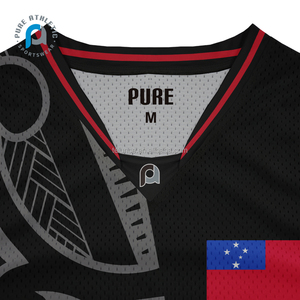Maillots de basket-ball personnalisés pour hommes, design uniforme maori, impression respirante par sublimation, col en V, maille <span class=keywords><strong>bape</strong></span> noire, Samoa - Product Image 5