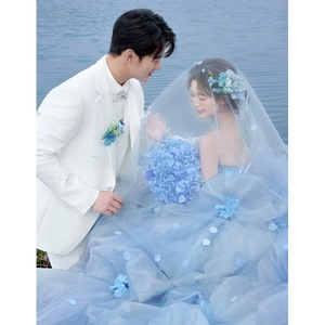 Blue Dream Wedding Dress Strapless Ball Gown Empire Waist Floral Print Outdoor Photography Outfit Flower Fairy Blue - Product Image 4