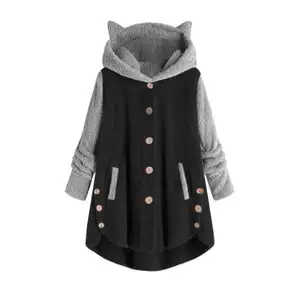 Large Size Hoody Winter Oversize Warm Patchwork Hoodie Cat Ear Wool Hoodie For Women