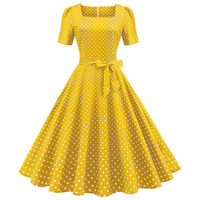 Robe vintage à pois pour femmes, élégante, à manches courtes, col carré, coupe trapèze, robe de soirée mi-longue, style années 50-60, Vestidos, grandes tailles