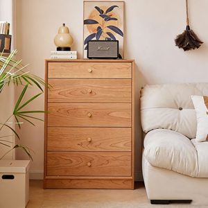 Solid Wood Five Drawer <b>Chest</b> Cherry Minimalist Style Freestanding Dresser Bedroom <b>Storage</b> Cabinet - Product Image 1