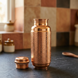 Premium Etched Pure Copper Water Bottle 1300ml Floral Arabesque Pattern Ayurvedic Flask Mirror Polished Sports Metal <b>Drinkware</b> - Product Image 2