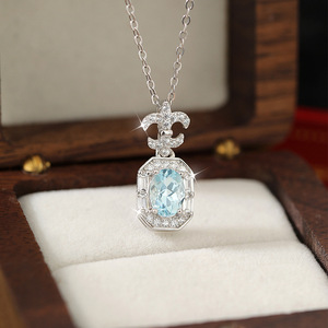 Collier pendentif ovale 5*7mm en topaze bleue irisée, motif halo, en argent sterling 925, inaltérable, bijoux géométriques pour femme - Product Image 2