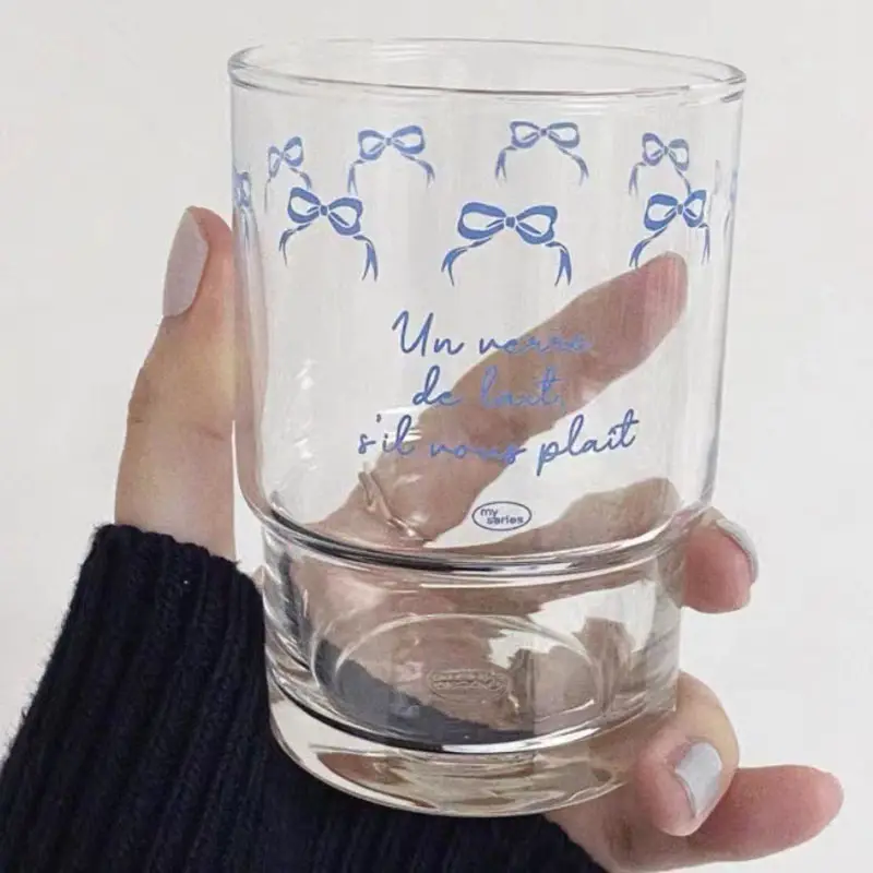 เกาหลี Ins niche ฝรั่งเศสโบว์สีฟ้าริบบิ้นถ้วยแก้วรูปลักษณ์สูงระดับถ้วยแก้วนม