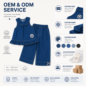 MZJ Set 2 Pezzi in Denim <span class=keywords><strong>per</strong></span> Ragazze, 100% Cotone, Top Senza Maniche con Colletto a Volant, <span class=keywords><strong>Pantaloni</strong></span> a Gamba Larga con Elastico in Vita, Orlo con Fiocco, Elegante - Product Image 4