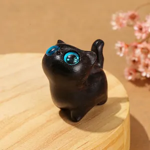 JD gemmes ornement de bureau mignon décor de chambre cadeau d'anniversaire chat Kawaii Figurines miniatures en bois d'ébène naturel Art sculpture chat artisanat