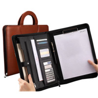 Carpeta de Archivo con Clip de Cuero PU A4 con Logotipo Personalizado Hongweishu, con Calculadora de 8 Dígitos y Cierre de Cremallera, Modelo HWS-253