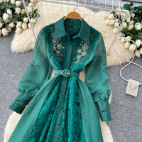 Robe longue élégante pour femmes WIWT, en dentelle verte, patchwork, coupe évasée, broderie perlée, manches longues, ceinture, robe de soirée décontractée pour femmes