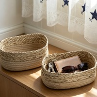 Panier de rangement ovale en paille tressée à la main, plateau organisateur en rotin et corde de coton pour la maison, la salle de bain, les cosmétiques et les articles divers