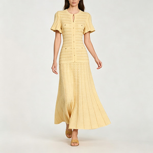 <strong>Women's</strong> <strong>Yellow</strong> Textured Knit Mixi <strong>Dress</strong> Short Sleeve Button-Front A-Line <strong>Dress</strong> Elegant Round <strong>Dresses</strong> for <strong>Women</strong> - Product Image 1
