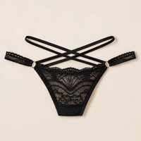 Culotte string sexy à double bretelle croisée en dentelle, respirante, écologique, en maille transparente pour femme, nylon/spandex, noir et blanc