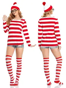 Ensemble de costumes de Noël pour femmes adultes T-shirt rayé rouge et blanc Bonnets en tricot Chaussettes rayées Lunettes Nerd pour Halloween