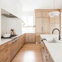 Armoires de cuisine modernes modulaires en chêne blanc sur mesure, prêtes à assembler, avec bord biseauté, robinet artificiel, ignifuges