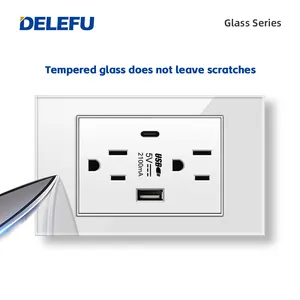DELEFU White Tempered Glass USb Type C US Standard Outlet Mexico America Plug 118*72 Wall Power Socket Light Switch Fast Charge
