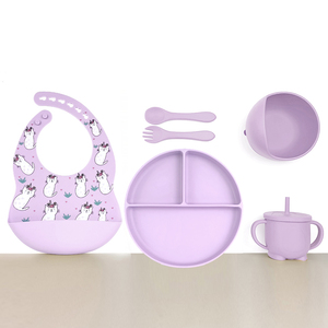 Ensemble de 6 Pièces d'Alimentation en Silicone pour Bébé avec Bavoirs à Motifs, Assiette et Tasse à Paille pour Table de Repas Babero - Product Image 6