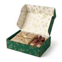 Boîte d'expédition en carton vert personnalisée pour Noël avec logo imprimé en feuille d'or, motif feuille de pin, carton ondulé pour cadeaux