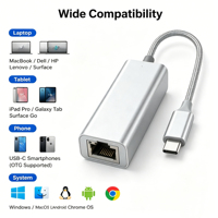 Adaptateur Ethernet USB-C Gigabit 1000 Mbps RJ45 avec puce RTL8153E, dongle LAN tressé en aluminium pour ordinateur portable, iPad, MacBook, 100 % OEM