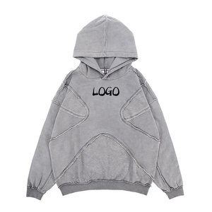 Sweat à capuche oversize patchwork à bords bruts, gris vintage, style streetwear, avec logo personnalisé, vente en gros - Product Image 4