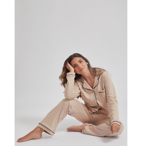 Custom Logo Women Pajamas Organic Cotton Silk Sleepwear Long Sleeve Set OEM ODM Vietnam Factory Private Label Production - Product Image 1