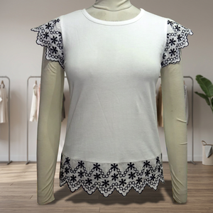 Top de Mujer Sexy de Punto 100% Algodón con Encaje, Cuello Redondo, Manga Corta, Corte Regular, Ropa de Moda - Product Image 3
