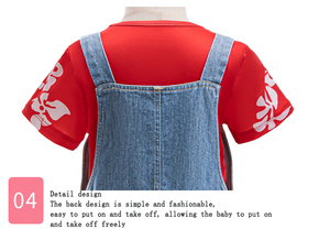 Nouvel arrivage de T-shirts manches courtes imprimés feuilles Lilo à bretelles en denim combinaison courte tenue costume hawaïen pour filles de 2 à 9 ans - Product Image 6