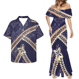 Robes de <span class=keywords><strong>tatouage</strong></span> tribal polynésiennes femmes dame élégante Tapa fleur Couples ensembles de vêtements Samoa 8XL robe et hommes chemises 2 pièces personnalisé - Product Image 1