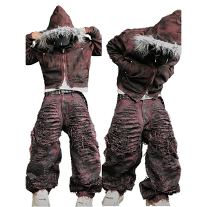 DiZNEW taglie forti <span class=keywords><strong>Jeans</strong></span> da uomo stile personalizzato pantaloni larghi di buona qualità consumati rosso e nero <span class=keywords><strong>Jeans</strong></span> Acid Wash per gli uomini - Product Image 1