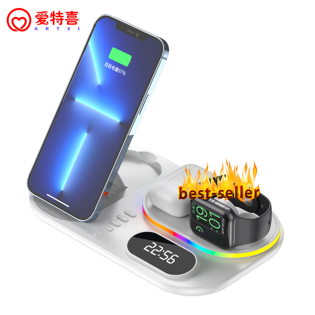 2024 New Products Fashion 5 in 1 PD Fast Charging RGB Light Digital Clock Desk 3in1 Wireless Charger Station Dock Phone Holder