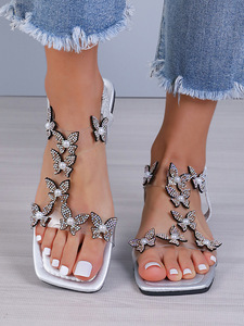 Hot Sale Square Head Women's Femme Transparent Rhinestone Open Toe Flat Sandals for Women and Ladies Slippers - Product Image 5