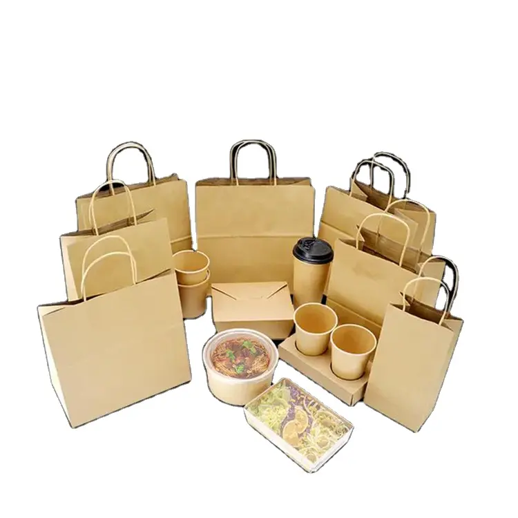 Wholesales Custom Logo Printed Cheap Recycled Take Away Food Packaging Shopping Brown Paper Bag With Twisted/Flat Handles