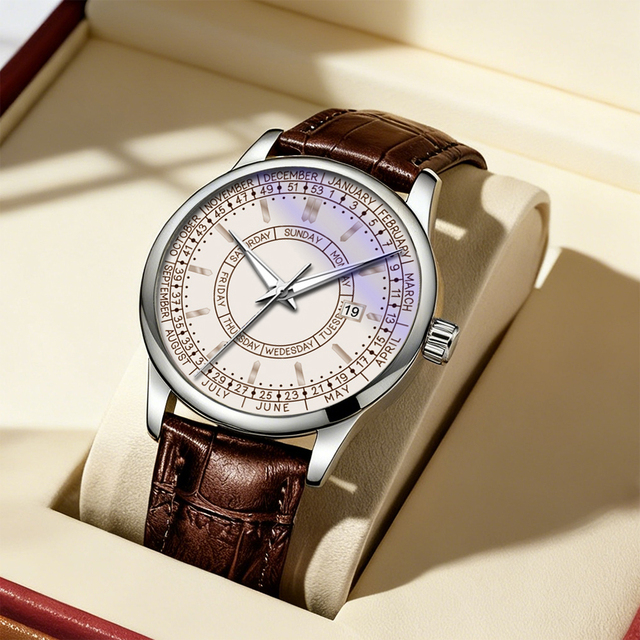 New Fashion Luxury Business Quartz Watch Stainless Steel Alloy Calendar Large Dial Leather Strap Men's Quartz Watch