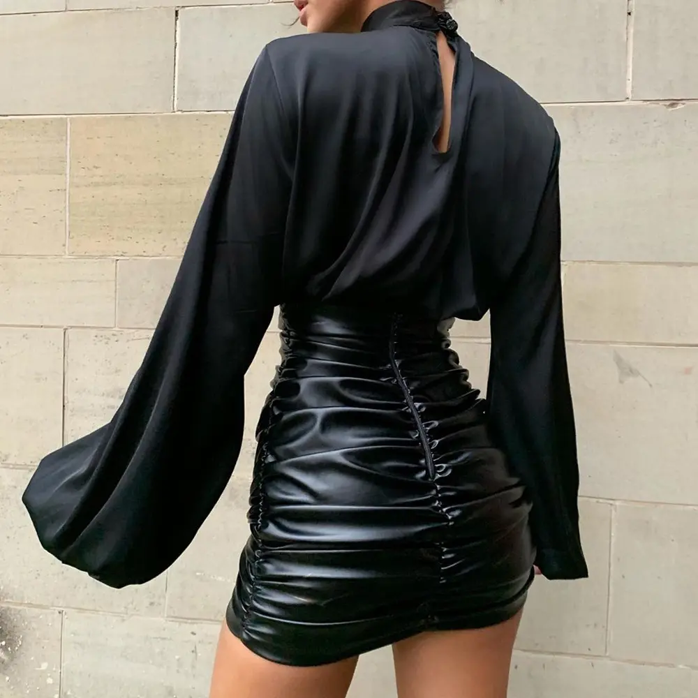 Women PU Leather Kylie Skirt Sexy Ruched High Waist Black Short Mini Bottom Stretch Party Wear Elegant PU Skirts