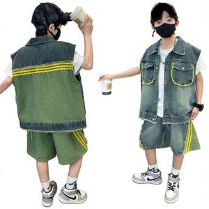 Ensemble <span class=keywords><strong>gilet</strong></span> en jean deux pièces pour garçons, coupe ample en coton, pour enfants plus âgés, collection été - Product Image 1