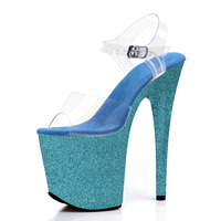 Nouvelles sandales d'été 20 cm bleues brillantes à plateforme 8 pouces, imprimé léopard et serpent, chaussures sexy pour pole dance, style élégant reine, grandes tailles