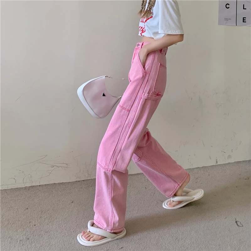 XINBO Y2k Summer Korean Fashion Pink High Waist Wide Leg Jeans