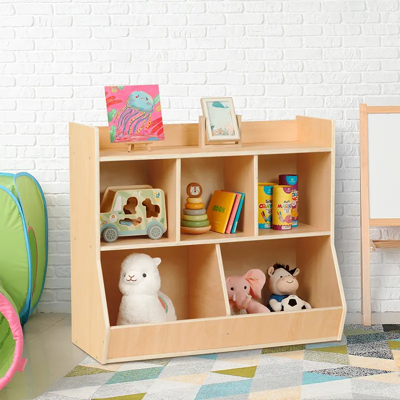 Wooden Kids Bookshelf Home Furniture Montessori Children Toy Display Storage Shelf With 5 Storage Bins