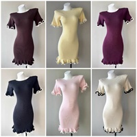 Nouvelle robe de bureau style européen et américain, jupe midi, volants, manches cloche, coupe ajustée, tricot de coton, taille haute, col rond, couleur unie