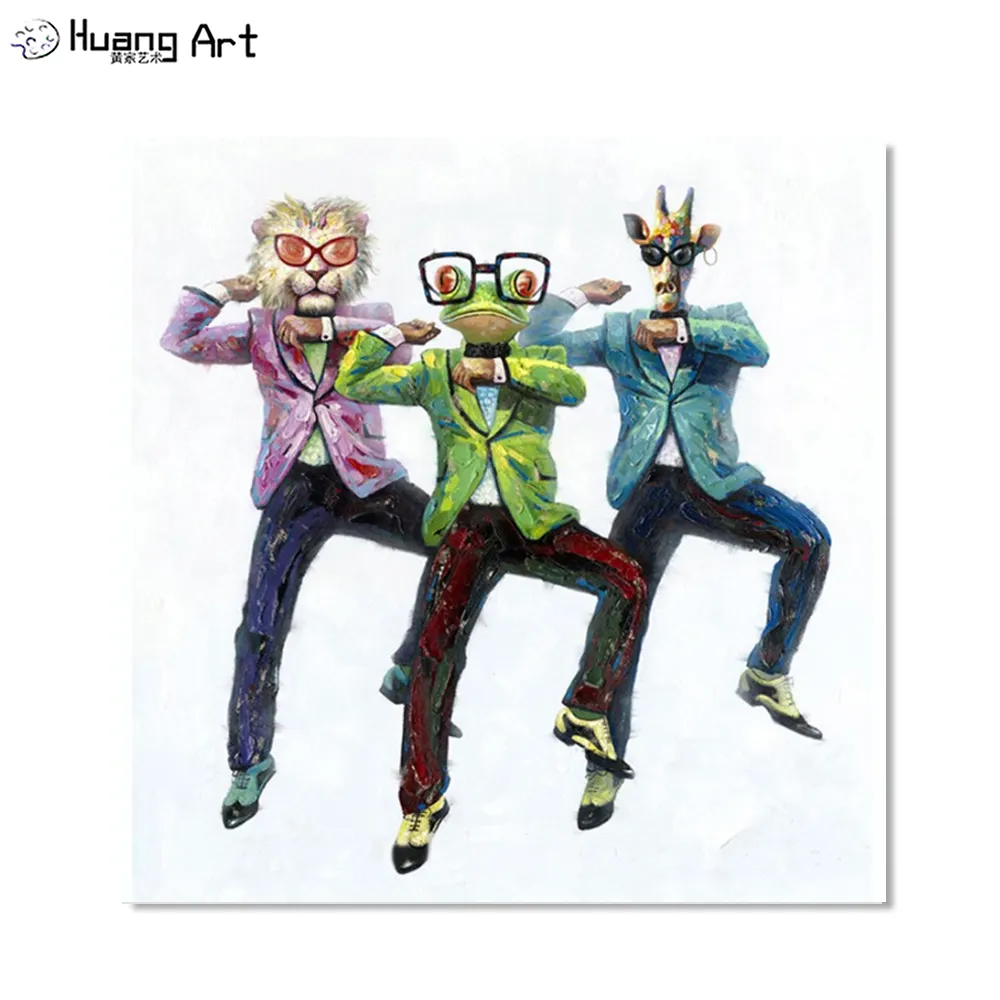 Gangnam Stijl Leuk Dansen 3 Personen Abstract Dier Hoofd Menselijk Lichaam Kunstwerk Olieverfschilderij Met De Hand Geschilderd Decoratie Voor Thuis