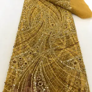 Tessuto di lusso con fiori di paillettes in pizzo per le donne abito da sposa con perline pesanti in rilievo tessuto di pizzo con paillettes Tulle Mesh