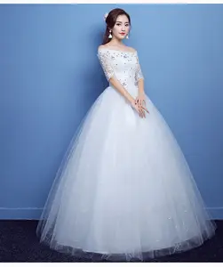 Yeni stil dantel orta uzunlukta kollu bir kelime omuz düğün elbisesi beyaz veya kırmızı renk elbise gelin kıyafeti