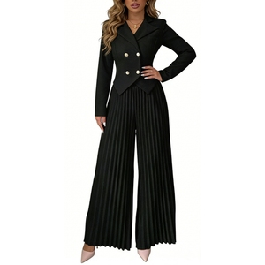 ชุดเซ็ต 2 ชิ้นสำหรับผู้หญิง กางเกงพลีทขายาวทรงกระบอก ชุดสูทครอปกระดุมสองแถว กางเกงขากว้าง ชุดทำงานแฟชั่น - Product Image 3