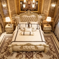Lit en bois de luxe haut de gamme, classique victorien, avec tête de lit incurvée, pieds en forme de boule, en similicuir de chêne, robuste, pour chambre principale de penthouse