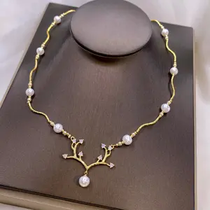 18K Gold Plated Handmade Perfect Natural Freshwater Pearl Bead Necklace Branch Shape Round Pearl Necklace for Women
