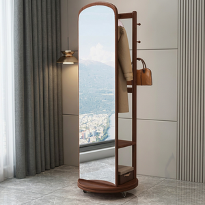 Perchero Moderno de Madera Maciza con Espejo Giratorio, 4 Ganchos y 2 Estantes, Mueble de Almacenamiento Independiente para Entrada - Product Image 1