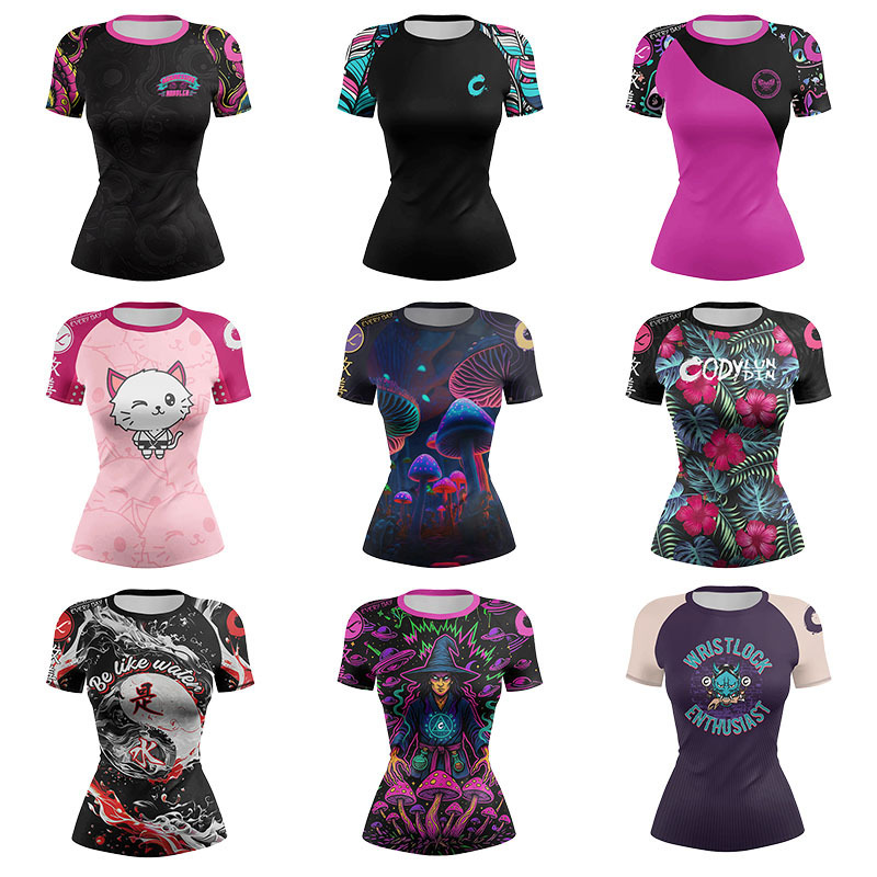 Gym Shirt Custom Design Sublimation Printing 95% Polyester 5% Spandex Women Sportswear Yoga Training Workout Compression T Shirt