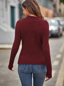 Áo len nữ cổ chữ V xẻ tà trước, kiểu dáng thanh lịch, chất liệu dệt kim sọc, kiểu dáng áo len chui đầu, thời trang thường ngày năm 2025 - Product Image 4